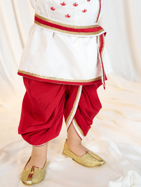Boys White Fine Satin Kurta Dhoti Set with Flute & Belt
