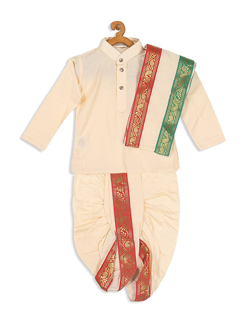 Boy's Gold-Toned Kurta With Dhoti Pants & With Dupatta