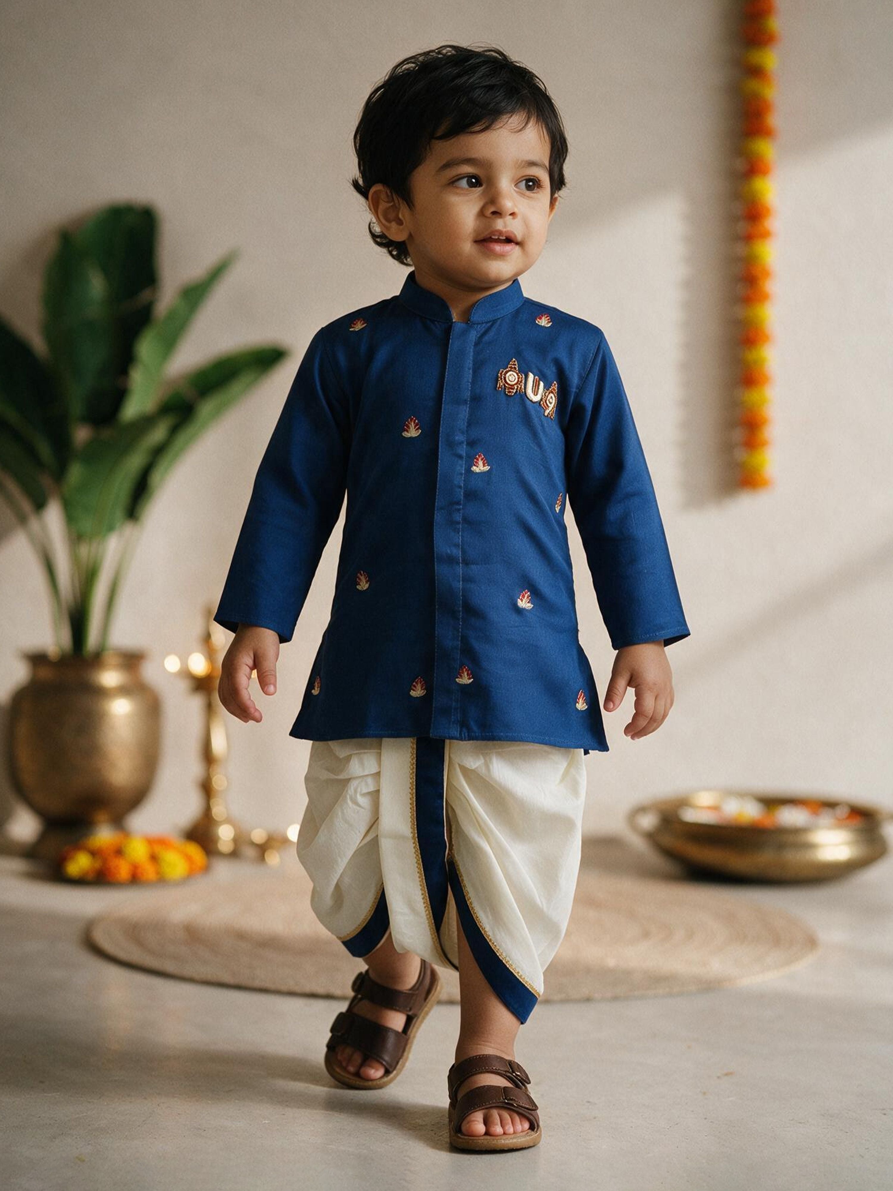 Boys Navy Blue Cotton-Silk Embroidered Kurta Dhoti Set