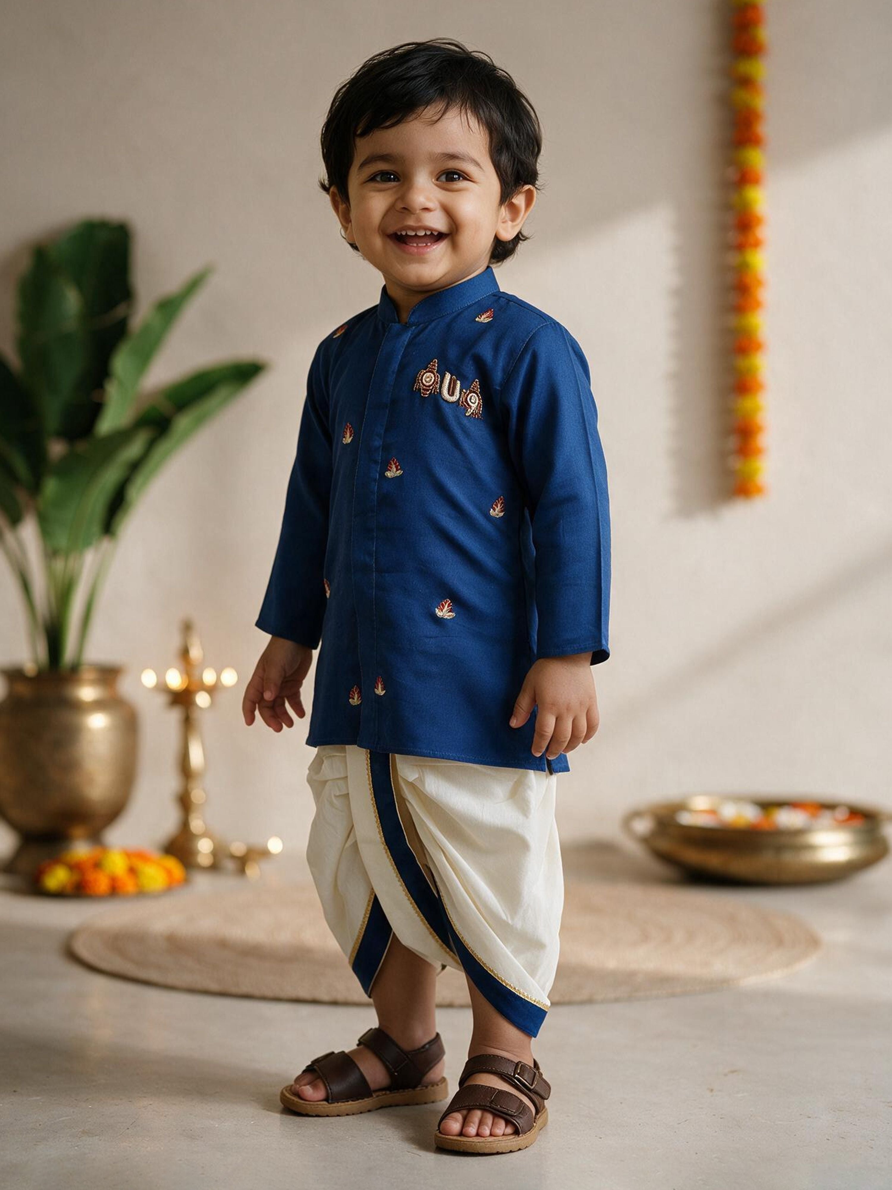 Boys's Navy Blue Cotton-Silk Embroidered Thigh Length Kurta And Dhoti Set
