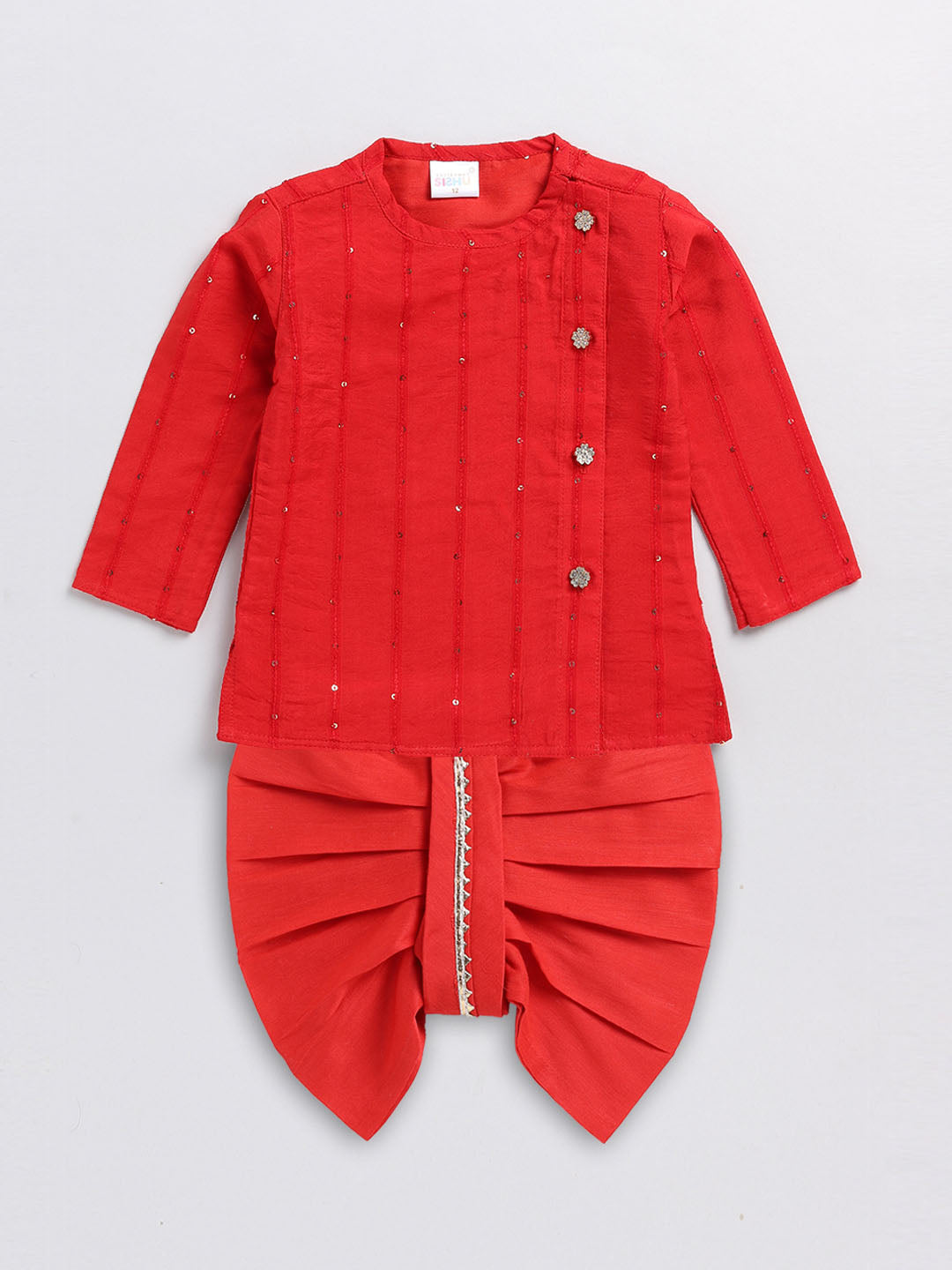 Sishu Boy's Red Embellished Angrakha Kurta Dhoti Set