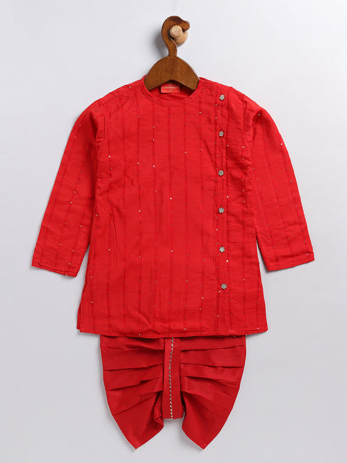 Sishu Boy's Red Embellished Angrakha Kurta Dhoti Set