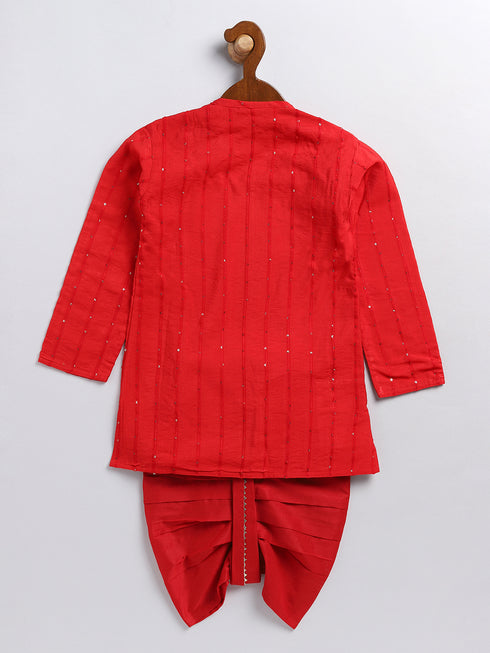 Sishu Boy's Red Embellished Angrakha Kurta Dhoti Set