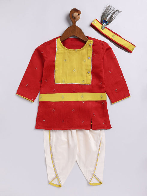 Infant Boy's Red And Cream Silk Blend Kurta And Dhoti Set