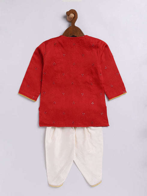 Infant Boy's Red And Cream Silk Blend Kurta And Dhoti Set