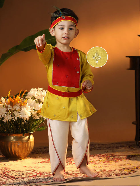 Infant Boy's Yellow And Cream Silk Blend Kurta And Dhoti Set