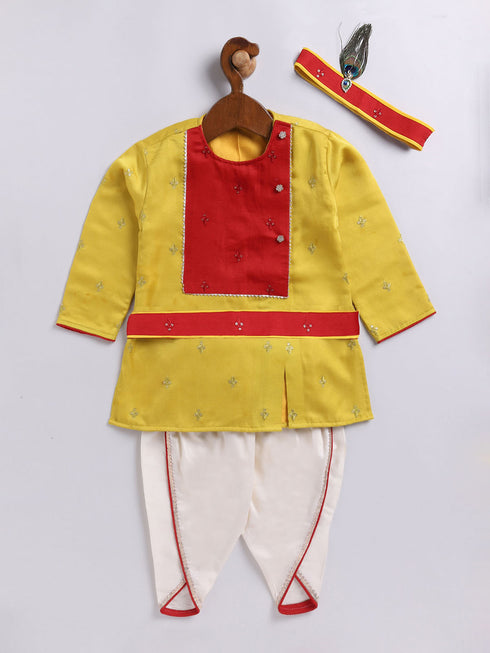 Infant Boy's Yellow And Cream Silk Blend Kurta And Dhoti Set