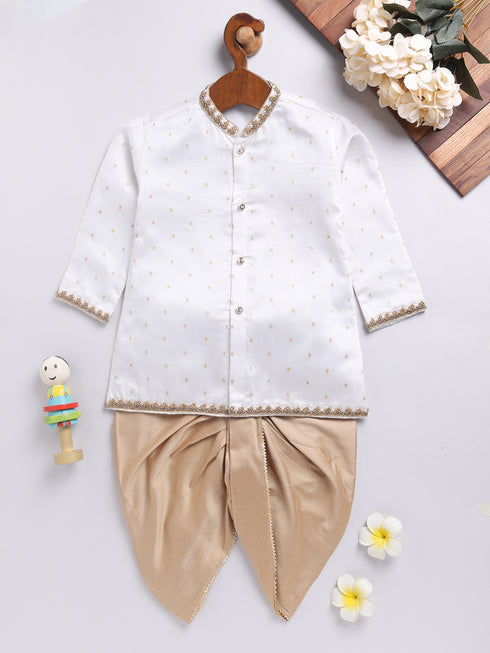 Infant Boy's White Chanderi Silk Kurta And Dhoti Set