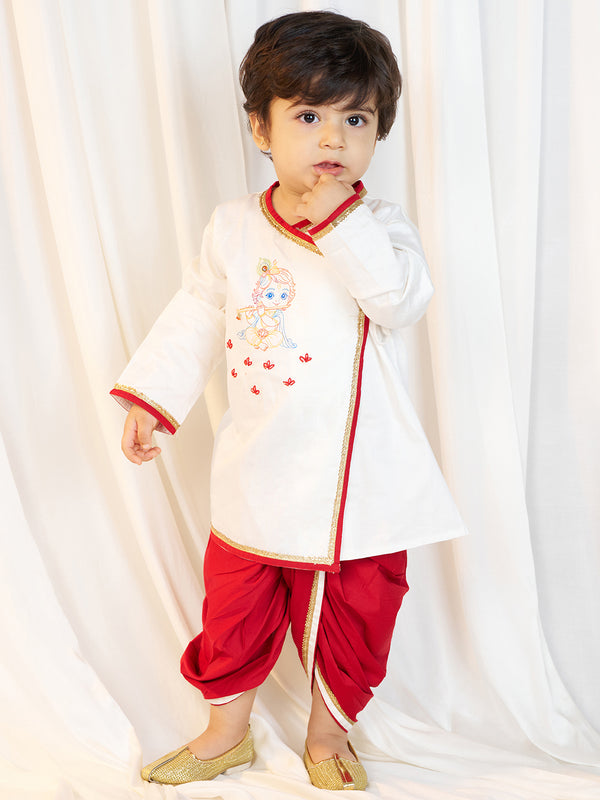 Boys White Fine Satin Kurta Dhoti Set with Embroidery