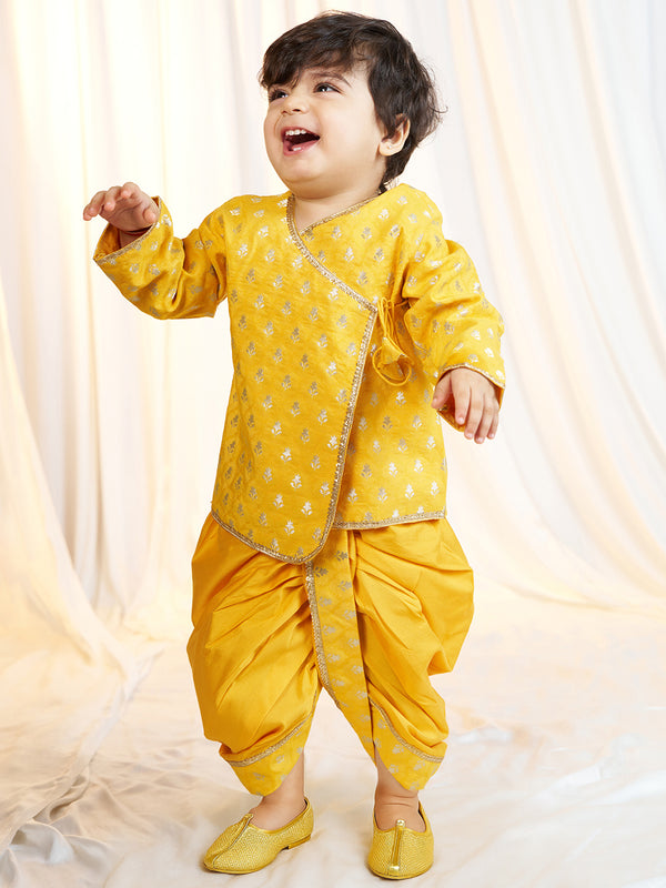 Boys Mustard Viscose Jacquard Kurta Dhoti Set with Floral Pattern