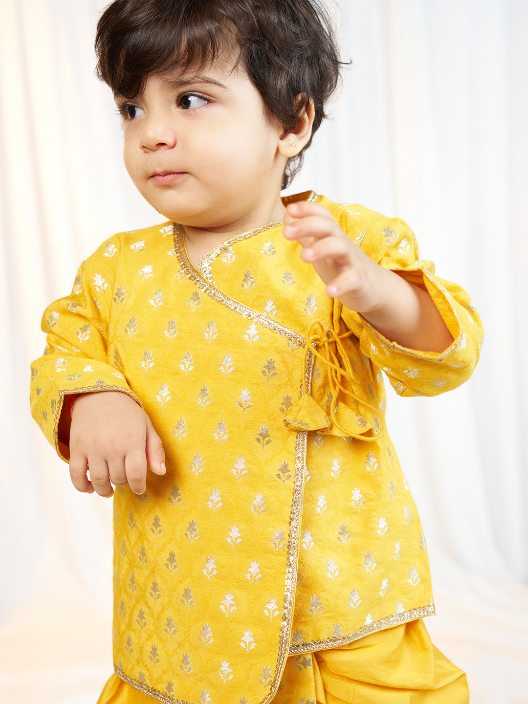 Boys Mustard Viscose Jacquard Kurta Dhoti Set with Floral Pattern