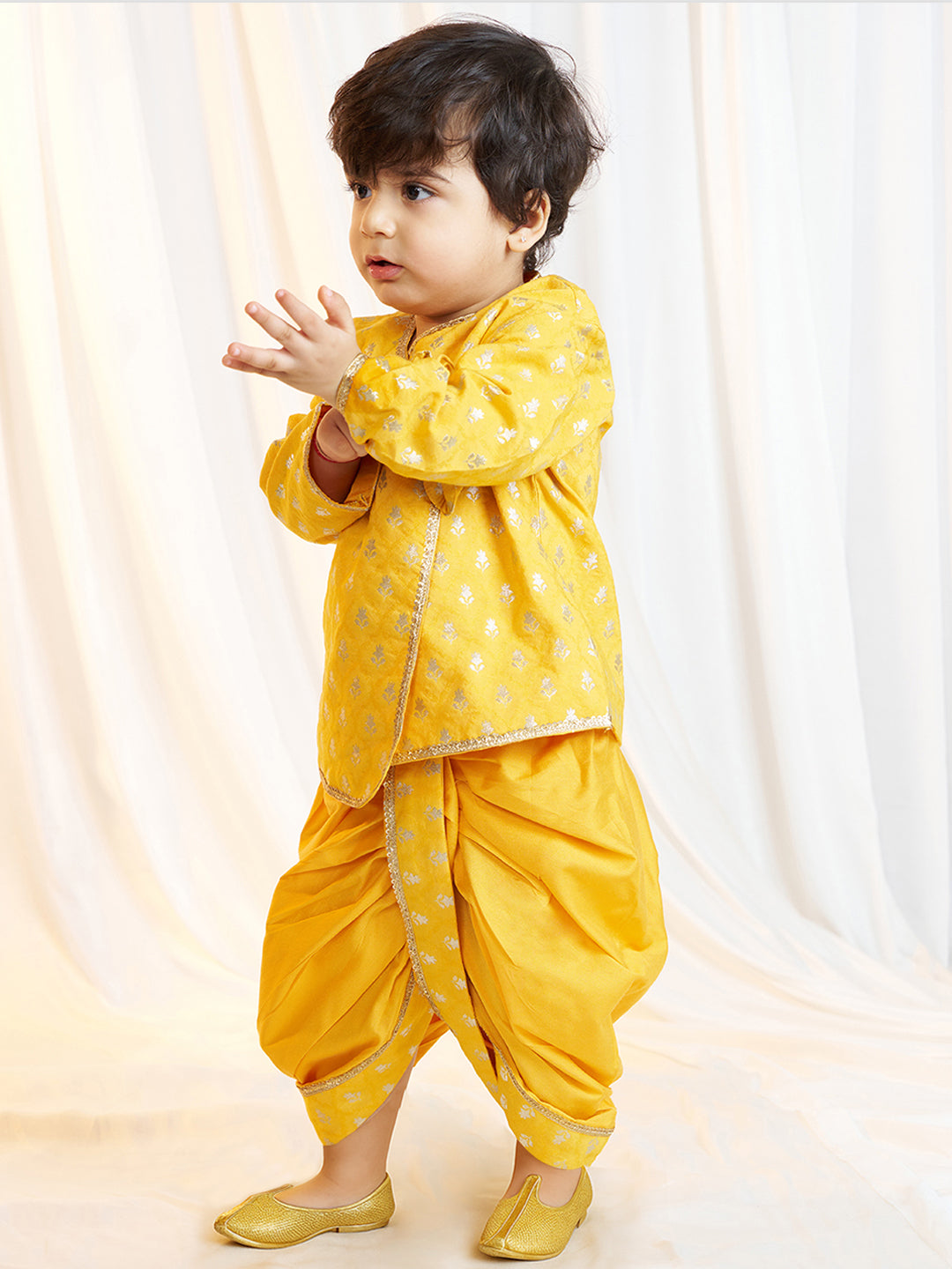 Boys Mustard Viscose Jacquard Kurta Dhoti Set with Floral Pattern