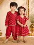 Girls Red Viscose Jacquard Dress Set with Floral Pattern