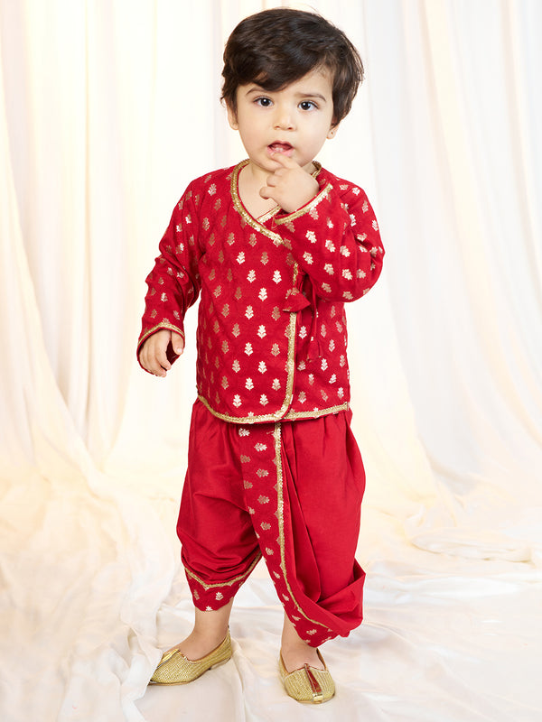 Boys Red Viscose Jacquard Kurta Dhoti Set with Floral Pattern
