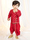 Boys Red Viscose Jacquard Kurta Dhoti Set with Floral Pattern