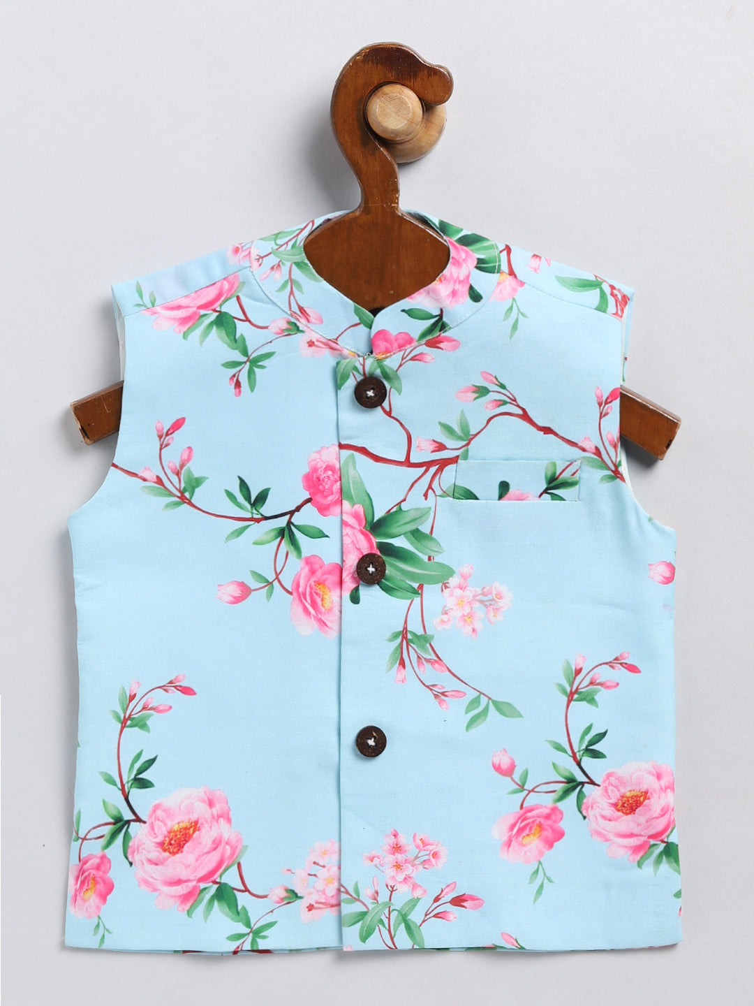 Boy's Aqua Blue Floral Printed Nehru Jacket