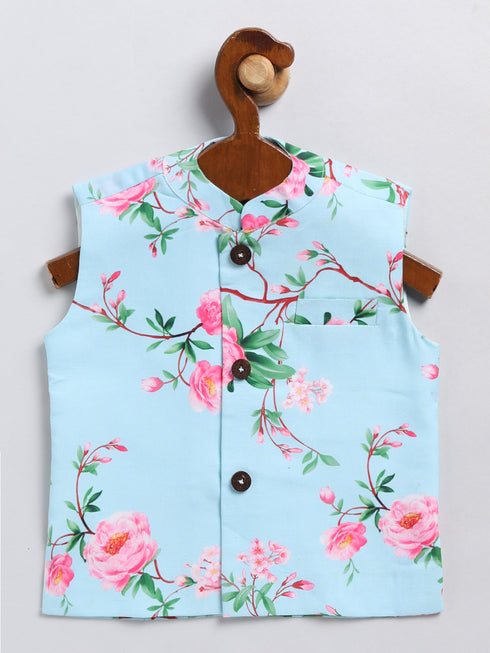 Boy's Aqua Blue Floral Silk Blend Nehru Jacket