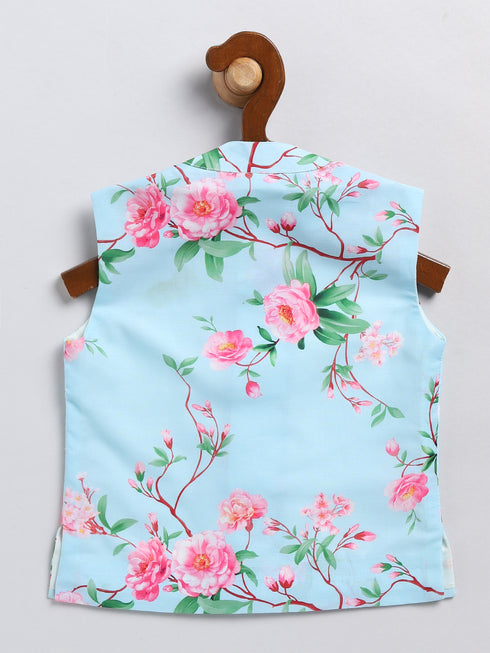 Boy's Aqua Blue Floral Silk Blend Nehru Jacket