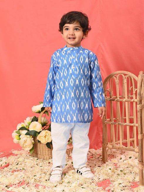 Sishu Boy's Traditional Ikkat Print Flat Collar Kurta And Pyjama Set