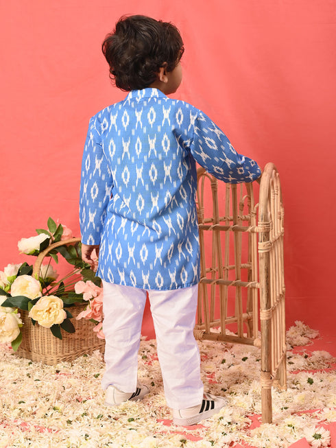 Sishu Boy's Traditional Ikkat Print Flat Collar Kurta And Pyjama Set
