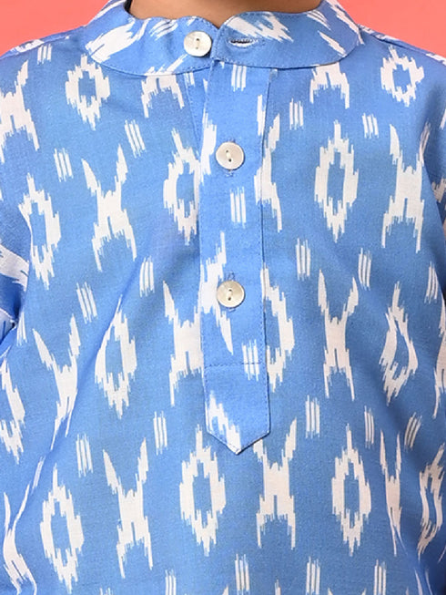 Sishu Boy's Traditional Ikkat Print Flat Collar Kurta And Pyjama Set