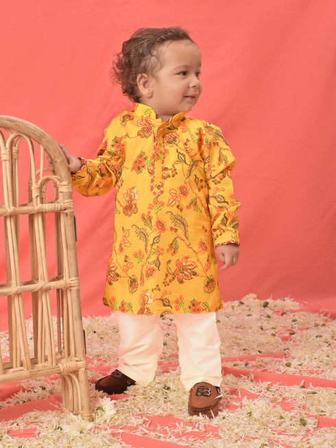Sishu Boy's' Multicolor-Base-Mustard And Cream Kurta Pyjama Set