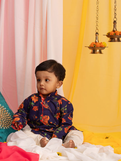 Sishu Boy's' Multicolor-Base-Navy Blue Kurta And Pyjama Set With Leheria Border