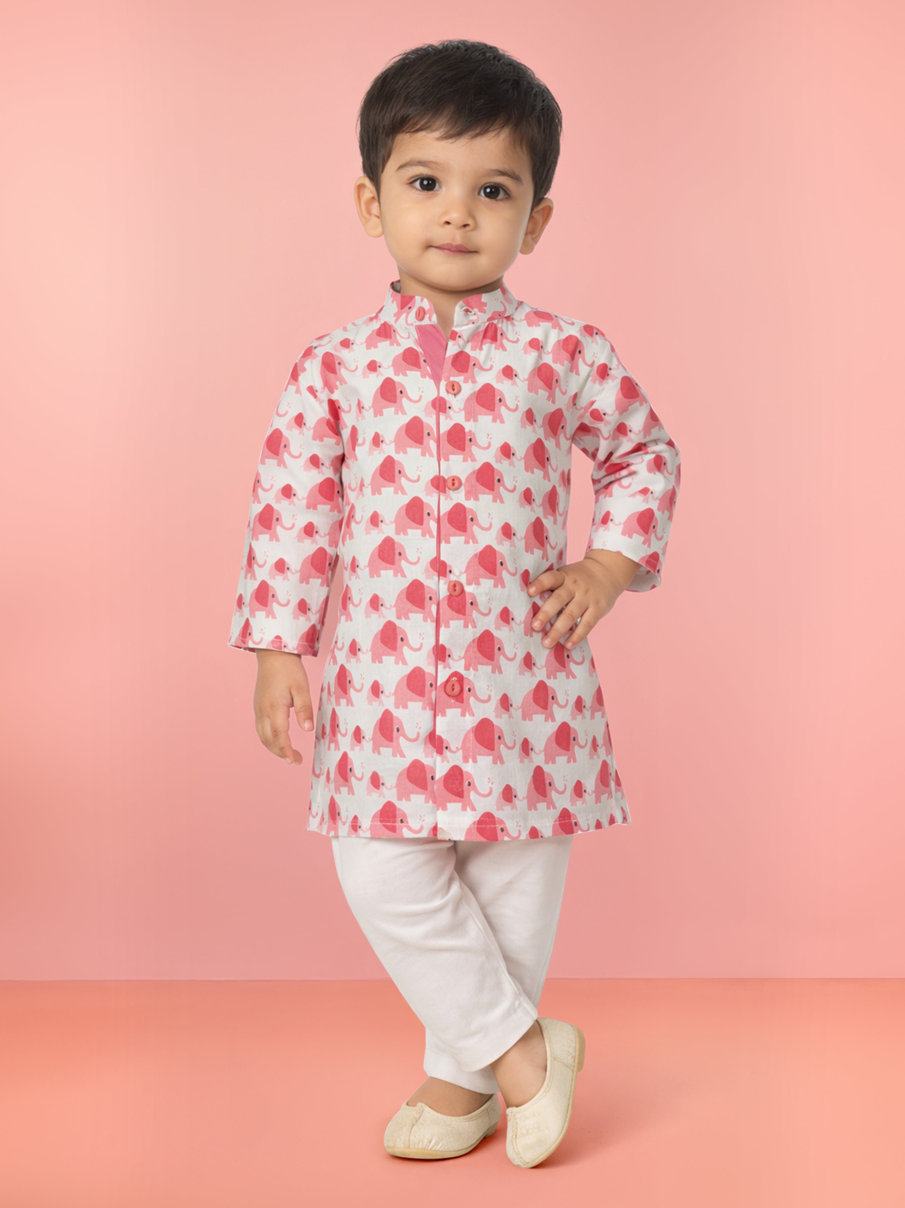 Baby Boys Pink Pure Cotton Animal Print Kurta Pyjama Set