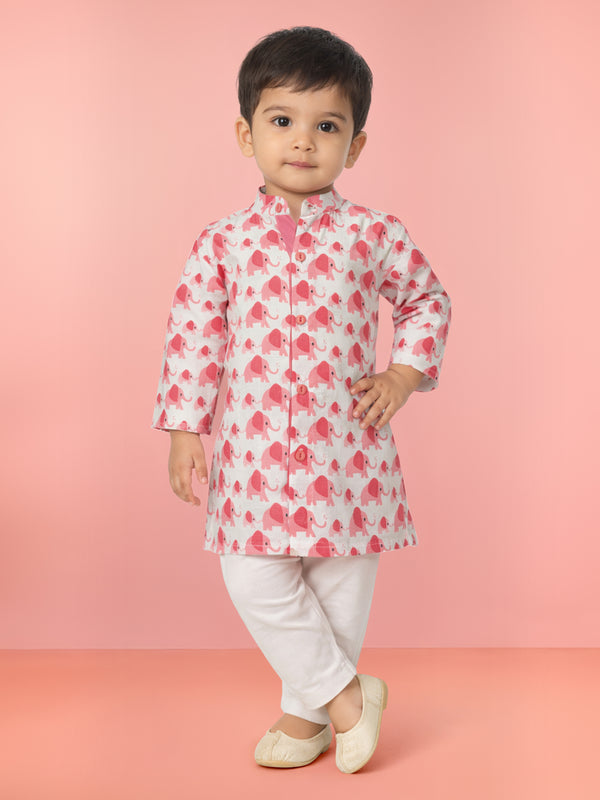 Baby Boys Pink Pure Cotton Animal Print Kurta Pyjama Set