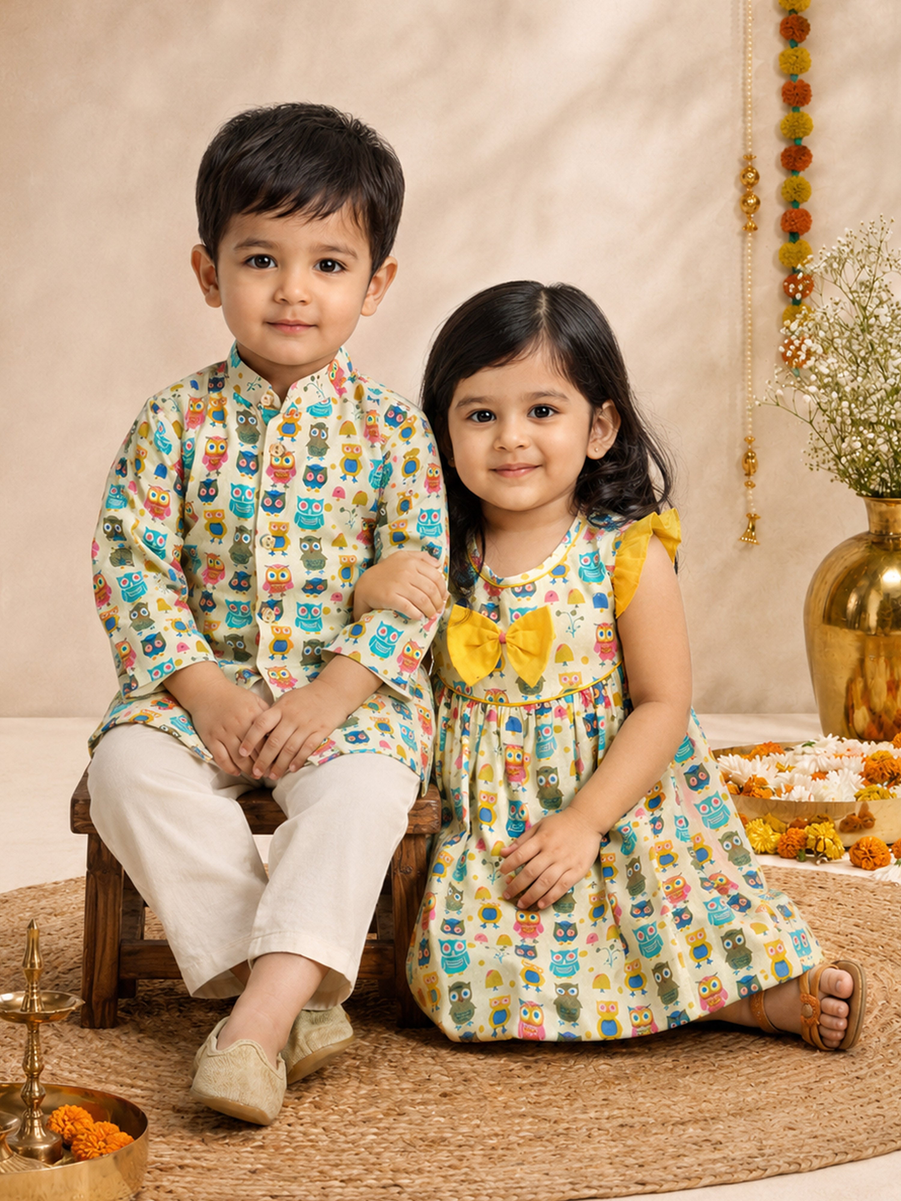 Baby Boys White base multicolor Pure Cotton Animal Print Kurta Pyjama Set