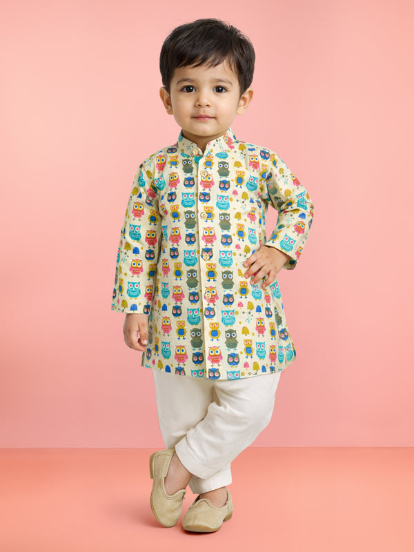 Baby Boys White base multicolor Pure Cotton Animal Print Kurta Pyjama Set