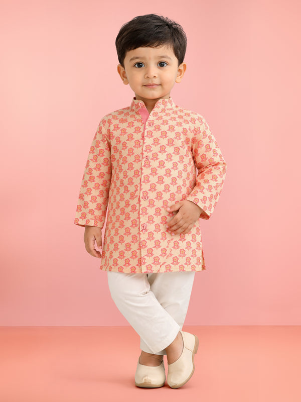 Baby Boys Peach Pure Cotton Floral Print Kurta Pyjama Set