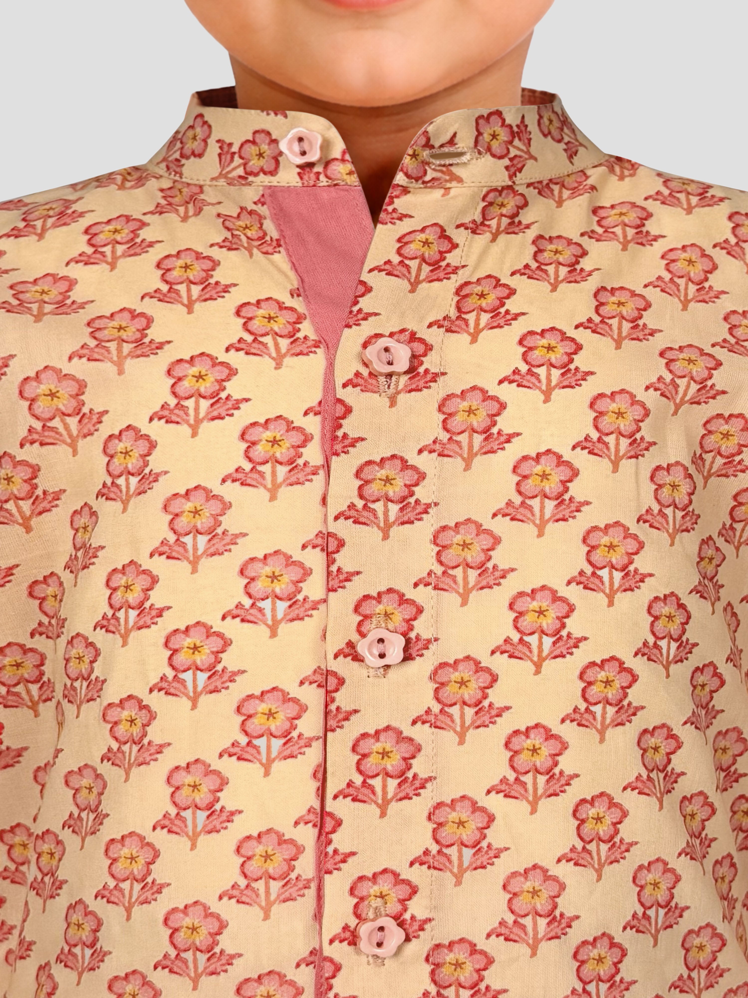 Baby Boys Peach Pure Cotton Floral Print Kurta Pyjama Set
