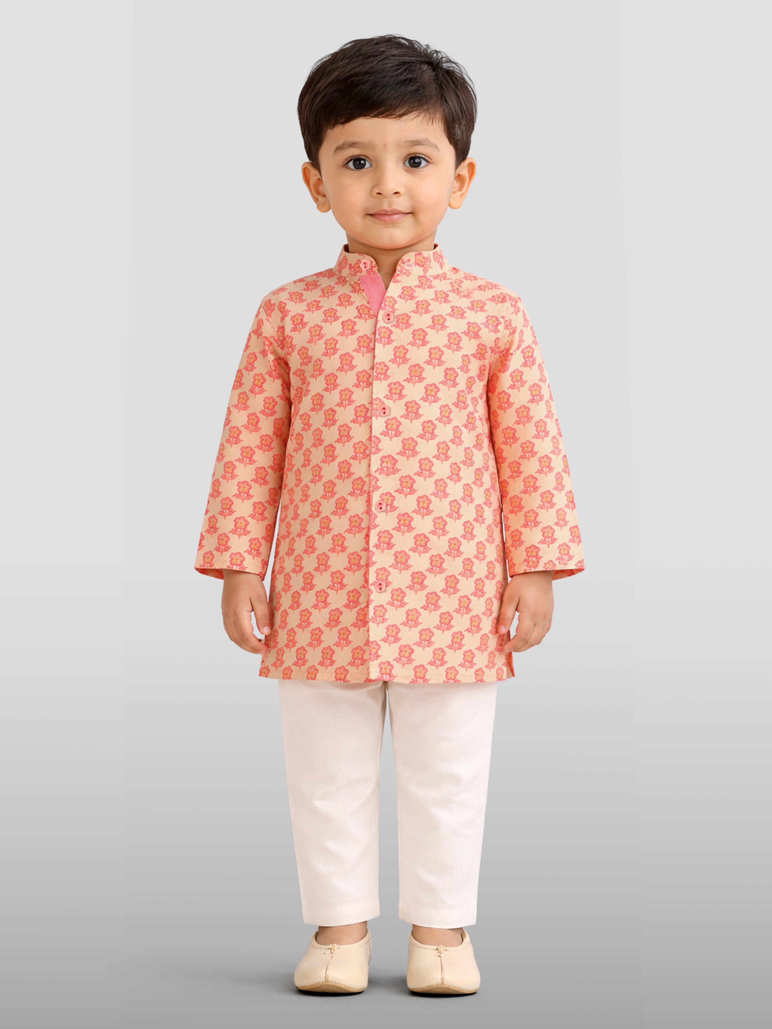 Baby Boys Peach Pure Cotton Floral Print Kurta Pyjama Set