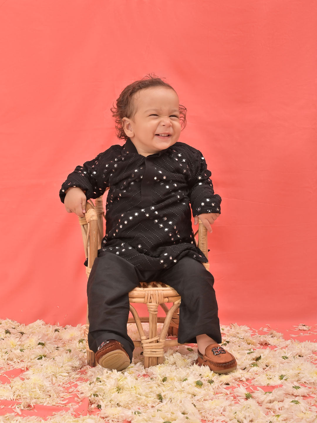 Sishu Boy's' Black Mirror Work Kurta Pyjama Set