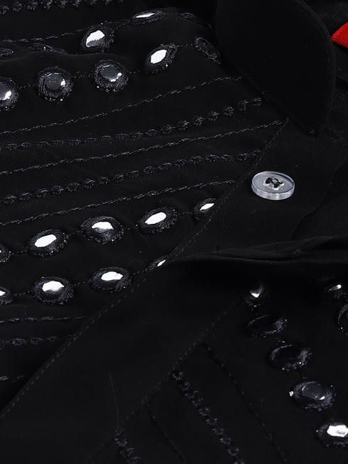 Sishu Boy's' Black Mirror Work Kurta Pyjama Set