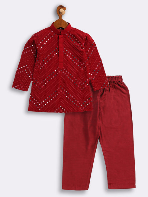 Sishu Boy's' Maroon Mirror Work Kurta Pyjama Set