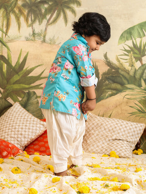 Sishu Boy's Aqua Floral Printed Kurta Patiala Set