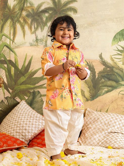 Sishu Boy's Yellow Floral Printed Kurta Patiala Set