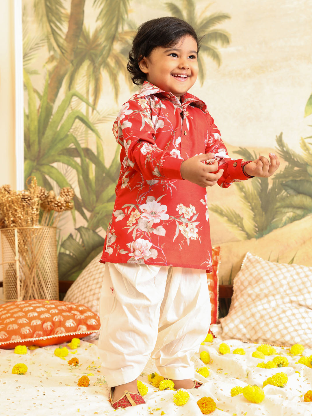 Sishu Boy's Red Floral Printed Kurta Patiala Set