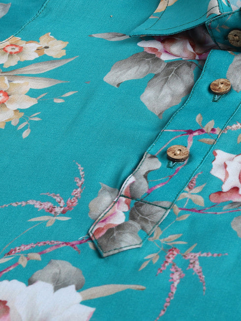 Sishu Boy's Turquoise Blue Floral Printed Kurta Patiala Set