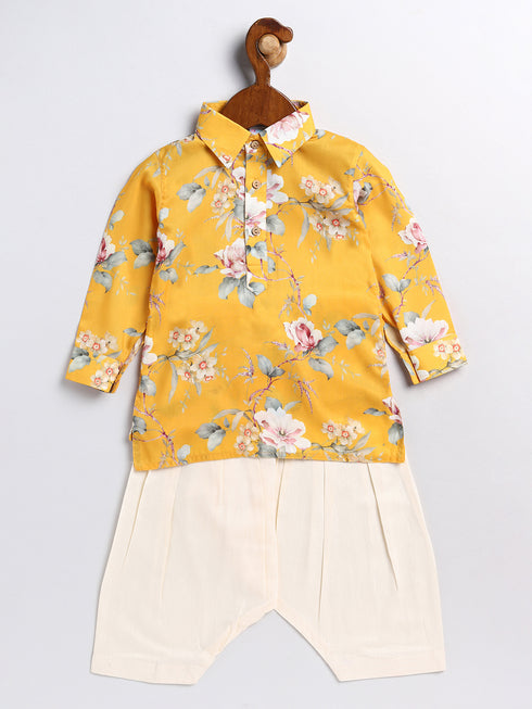 Boy's Yellow Floral Printed Kurta Patiala Set