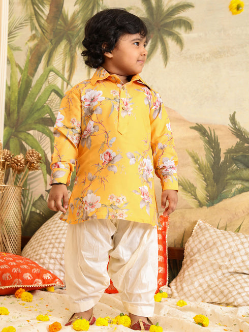 Boy's Yellow Floral Printed Kurta Patiala Set
