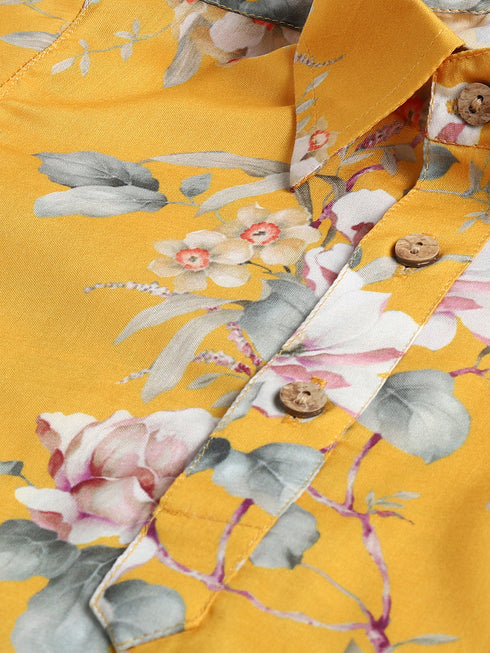 Boy's Yellow Floral Printed Kurta Patiala Set