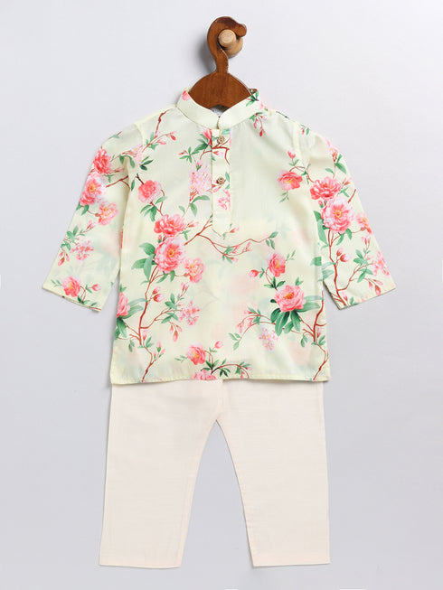 Boy's' Yellow Floral Printed Cotton Kurta Pyjama Set