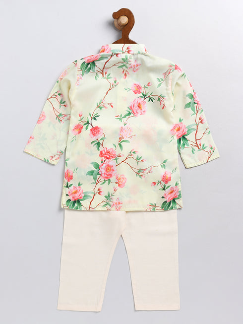Boy's' Yellow Floral Printed Cotton Kurta Pyjama Set