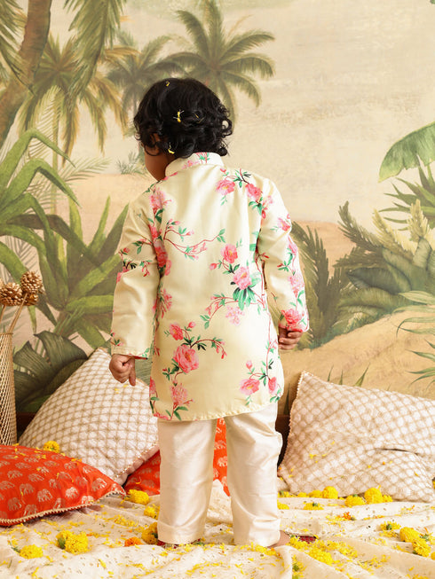 Boy's' Yellow Floral Printed Cotton Kurta Pyjama Set