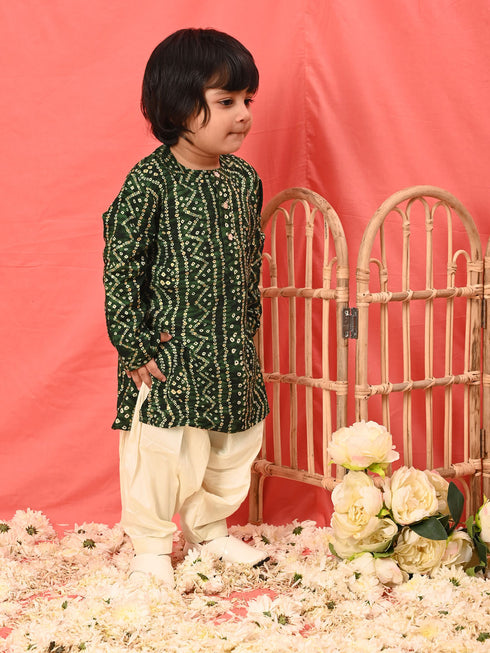 Sishu Boy's' Green Bandhni Kurta And Patiala Set