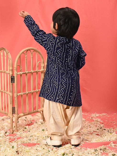 Boy's' Navy Blue Bandhni Kurta And Patiala Set