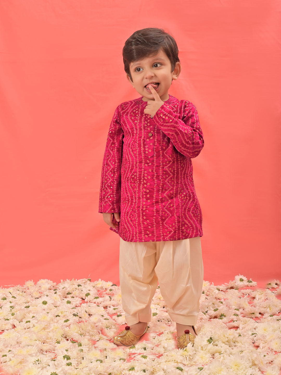 Boy's' Pink Bandhni Kurta And Patiala Set